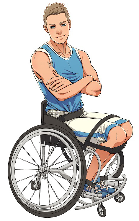 Die Manga-Figur Tom sitzt in Sportkleidung in einem speziellen Rollstuhl