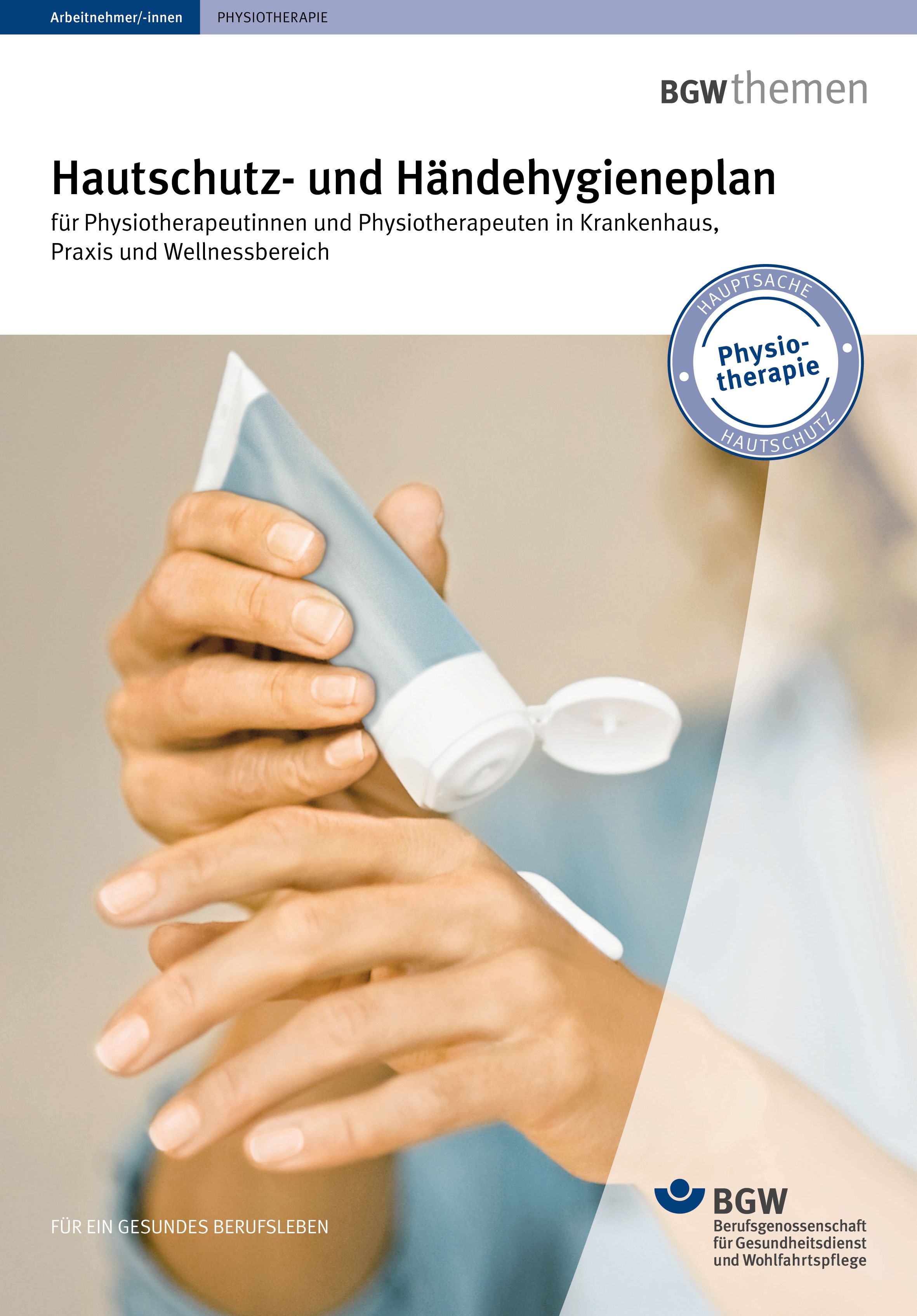 Titel: Hautschutz- und Händehygieneplan für die Physiotherapie - Junge Frau appliziert sich Handcreme aus der Tube auf die Hand