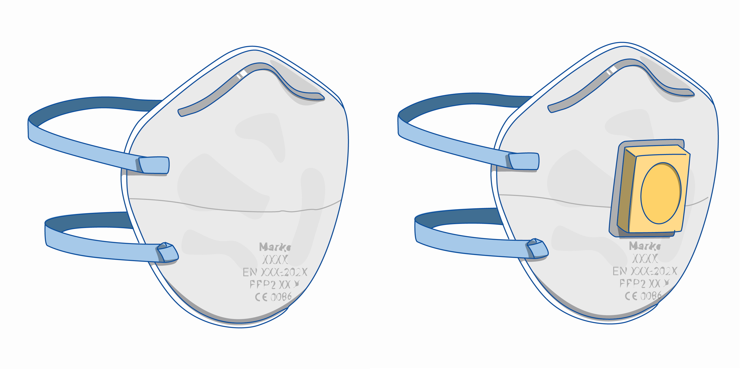 Illustration einer FPP Maske ohne Ventil zum Eigen- und Fremdschutz sowie einer FFP2-Maske mit Ventil.
