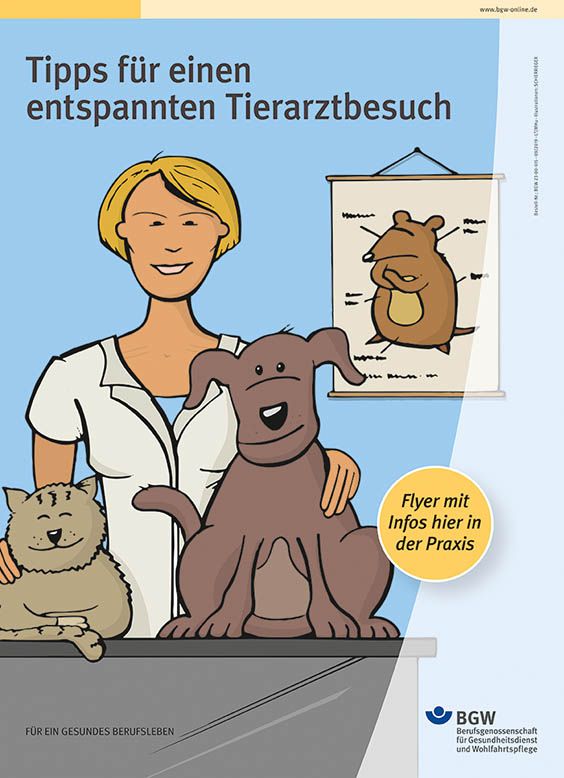 Plakat: Tipps für einen entspannten Tierarztbesuch - Illustration: Tierärztin mit Hund und Katze, an der Wand hängt ein Bild mit einer Maus