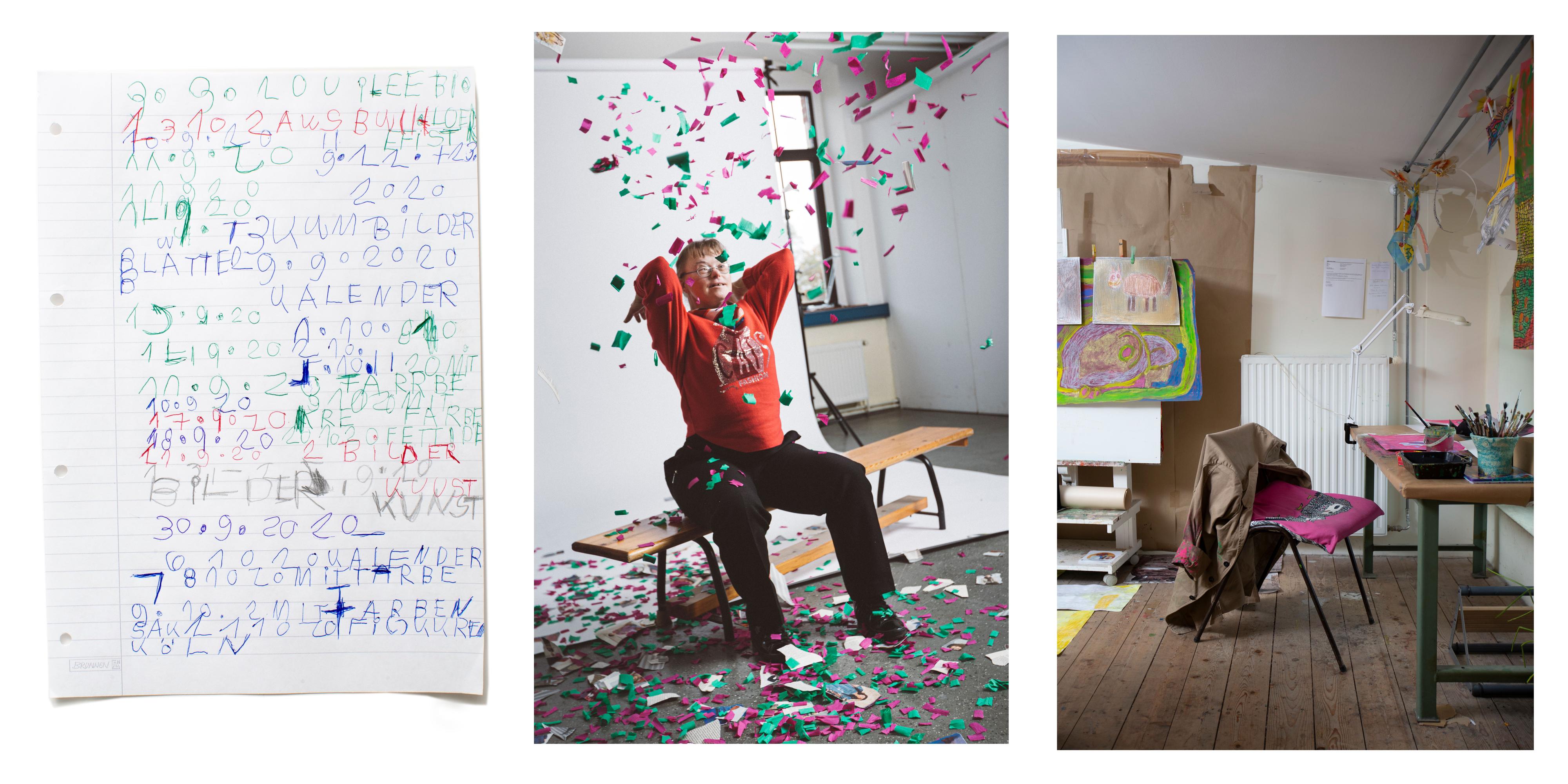 Collage aus drei Bildern: Liniertes Blatt Papier mit Zahlen und Buchstaben, eine Frau sitzt auf einer Bank und wirft bunte Papierschnipsel in die Luft, ein Atelier mit Malutensilien.