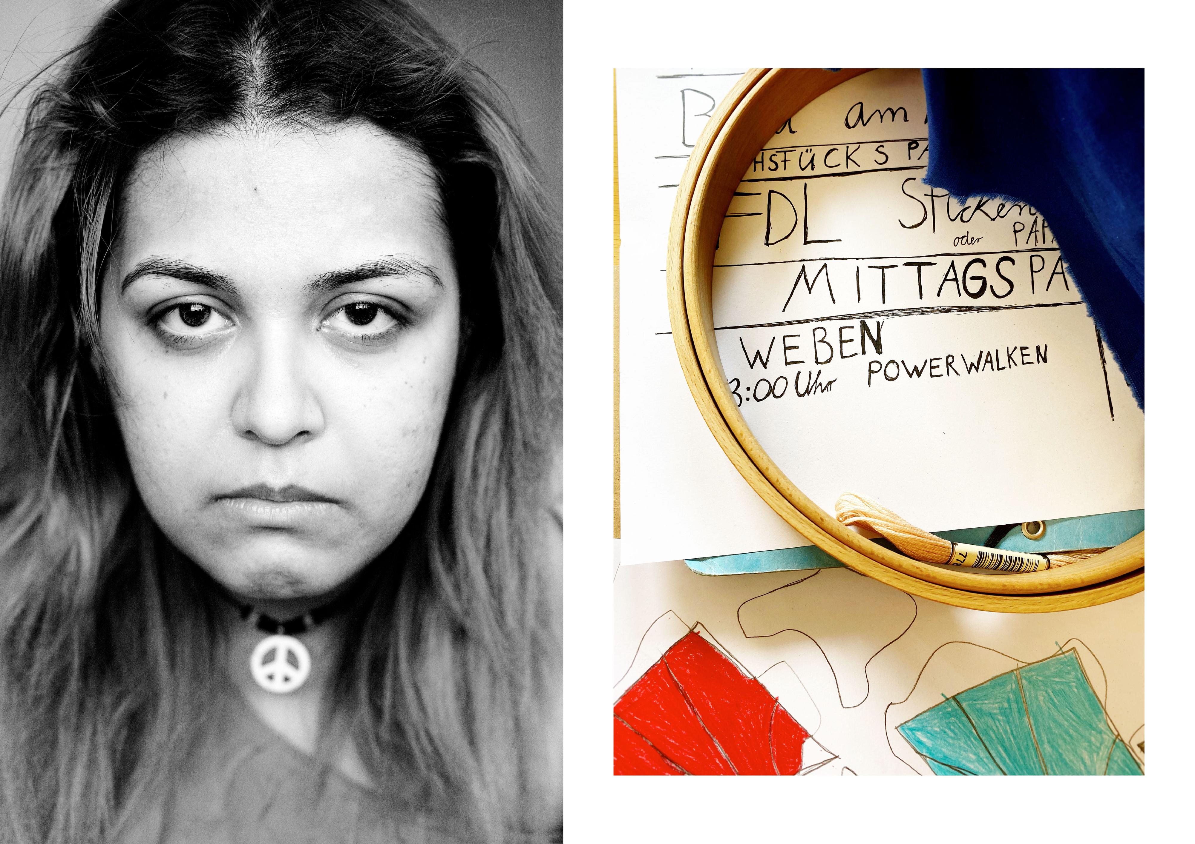 Collage aus zwei Bildern: Links: Porträt einer jungen Frau - sie trägt eine Kette mit Friedenszeichen. Rechts: ein Stundenplan - darauf liegen ein Stickrahmen und Garn.