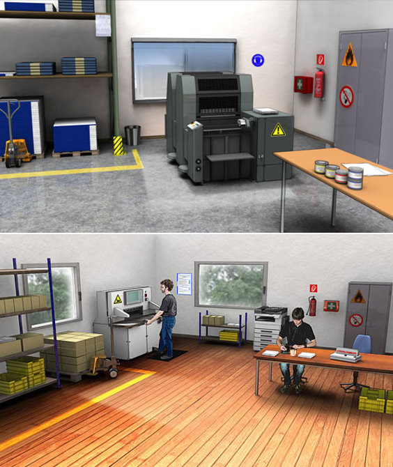 Zwei verschieden Arbeitsbereiche in einer Druckerei: Ein Raum mit Druckerpresse und ein Raum, in dem zwei Personen arbeiten - einer am Computer, der andere an einem Tisch.