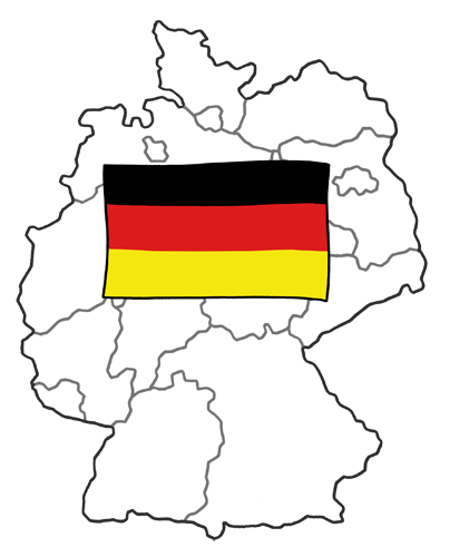 Illustration: Die Umrisse von Deutschland mit den Bundesländern und einer deutschen Flagge drauf.