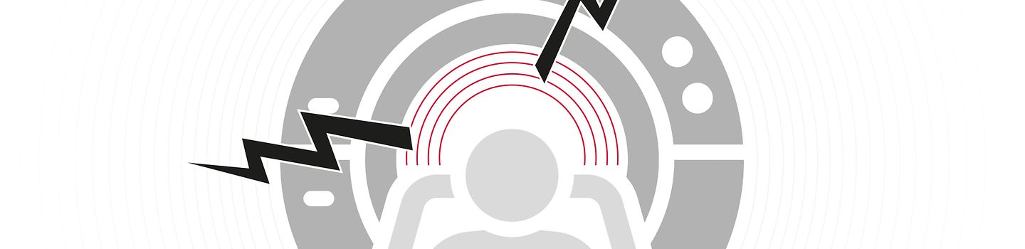 Illustration: Eine Person vor einer MRT-Röhre - von zwei Seiten wirken Blitze ins innere der Röhre. 