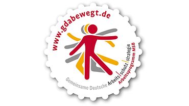 Runder Störer: Strichmänchen in Bewegung mit Schriftzug GDA bewegt und Gemeinsame Deutsche Arbeitsschutzstrategie Arbeitsprogramm MSB