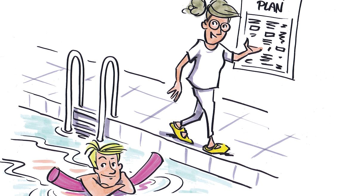 Illustration: Szene im Schwimmbad. Eine Person im Becken, eine Person steht am Rand.