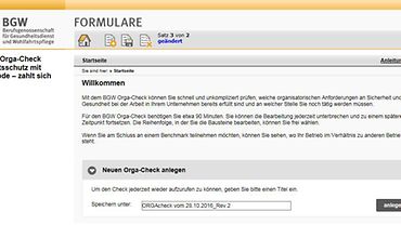 Anleitung BGW Orga-Check: Bildschirmfoto Startseite