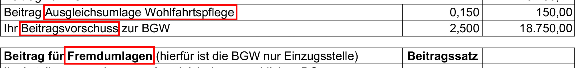 Ausschnitt eines BGW-Beitragsbescheids: In einer Tabelle sind die Begriffe "Ausgleichsumlage Wohlfahrtspflege", "Beitragsvorschuss" und "Fremdumlagen" rot umrandet.