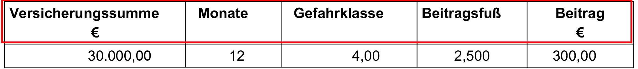 Ausschnitt eines BGW-Beitragsbescheids: Eine Tabellenzeile ist rot umrandet, in den Spalten stehen jeweils die Begriffe "Versicherungssumme €", "Monate", "Gefahrklasse", "Beitragsfuß" und "Beitrag €"