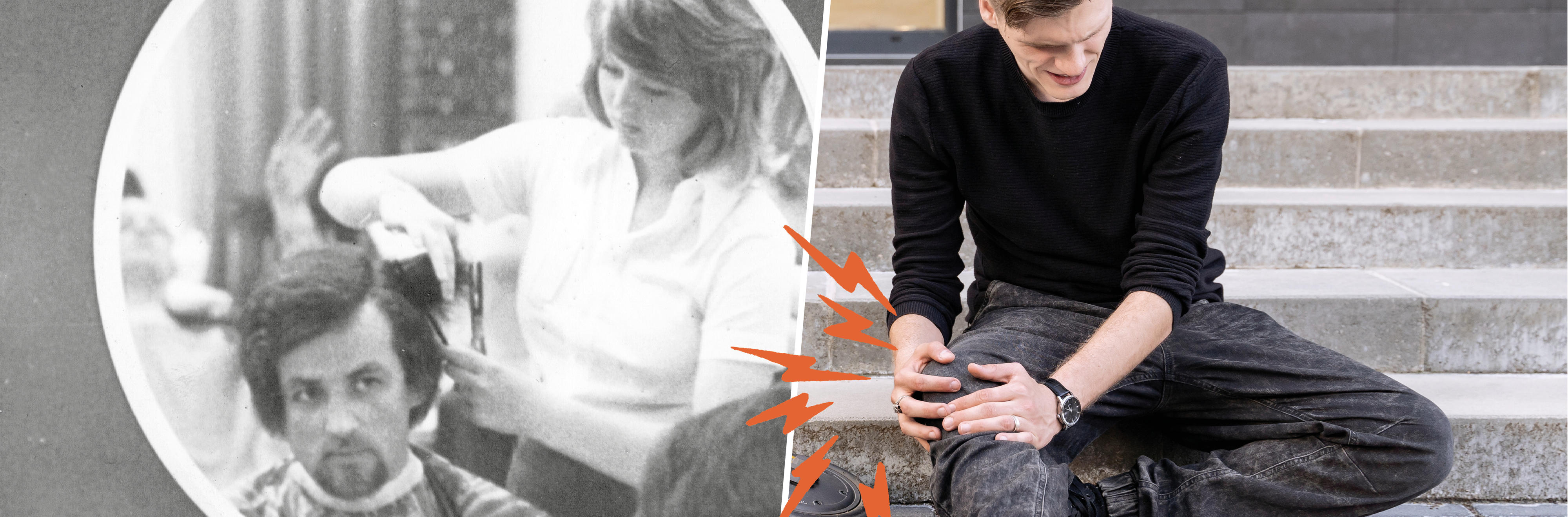 Collage: Eine Person wird frisiert, eine andere Person hält sich das Knie.