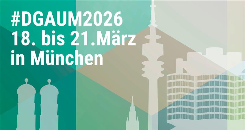 Einge grün gekachelte Grafik mit grauen Gebäuden. Dort ist die Aufschrift DGAUM 2026 18. bis 21. März in München zu sehen