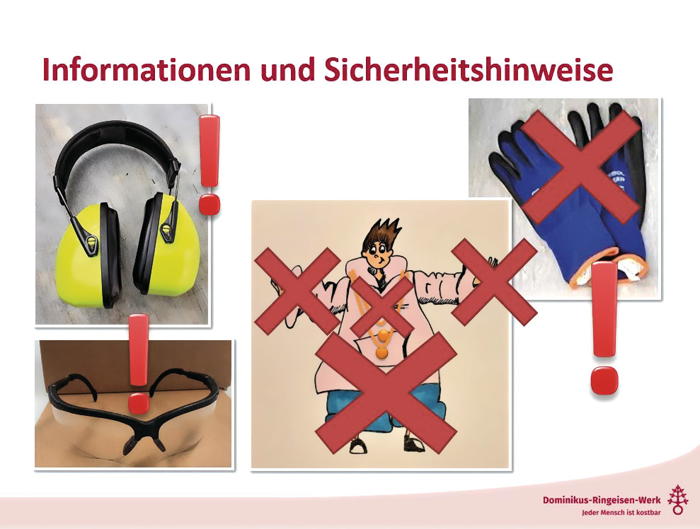 Tablet, auf dessen Bildschirm "Informationen und Sicherheitshinweise" steht, darunter entsprechende Erklärbilder.