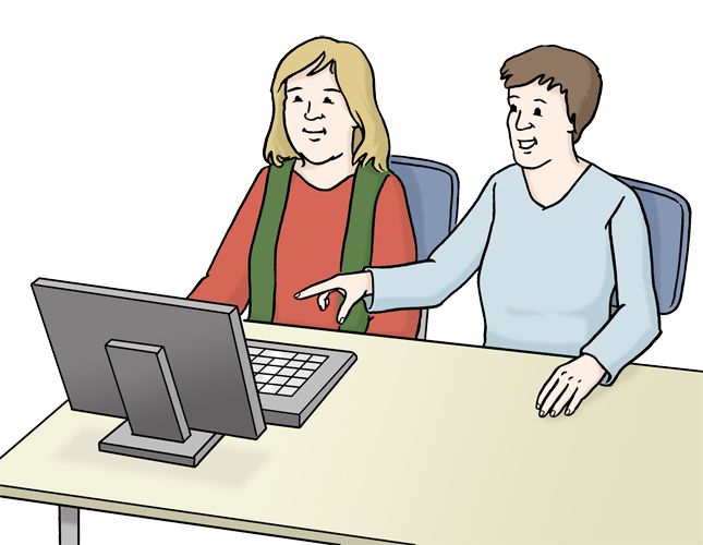 Illustration: Zwei Personen sitzen an einem Computer.