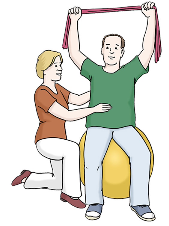 Krankengymnastik Illustration: Eine Krankengymnastin hilft einem Mann bei den Übungen auf einem Gymnastikball.
