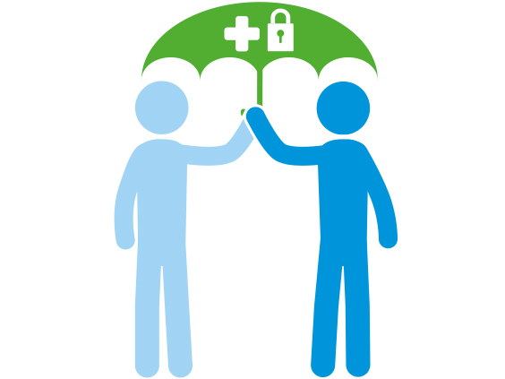 Das Handlungsfeld Sicherheit und Gesundheit wird mit zwei Menschenfiguren dargestellt, die unter einem Regenschirm stehen. Auf dem ein Schoß und ein Kreuz Sicherheit und Gesundheit symbolisieren.