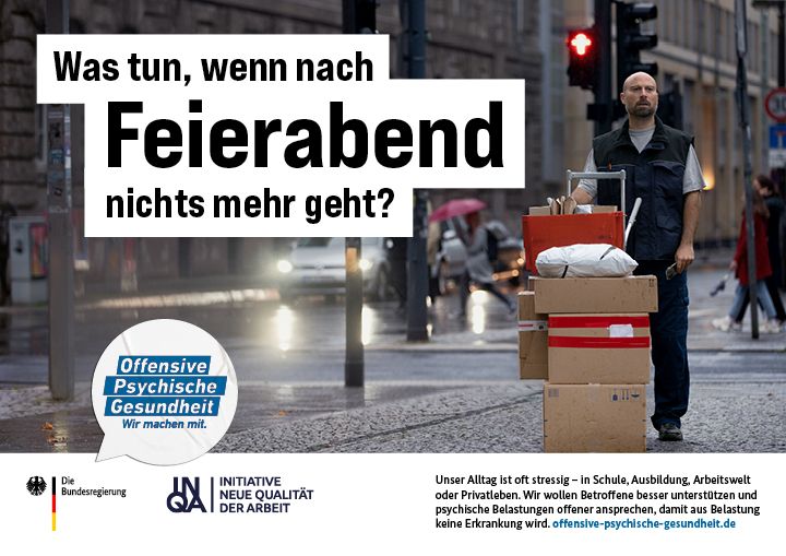 Ein gestresster Paketbote steht mit einer Karre voller Pakete auf der Straße, Text: Was tun, wenn nach Feierabend nichts mehr geht?