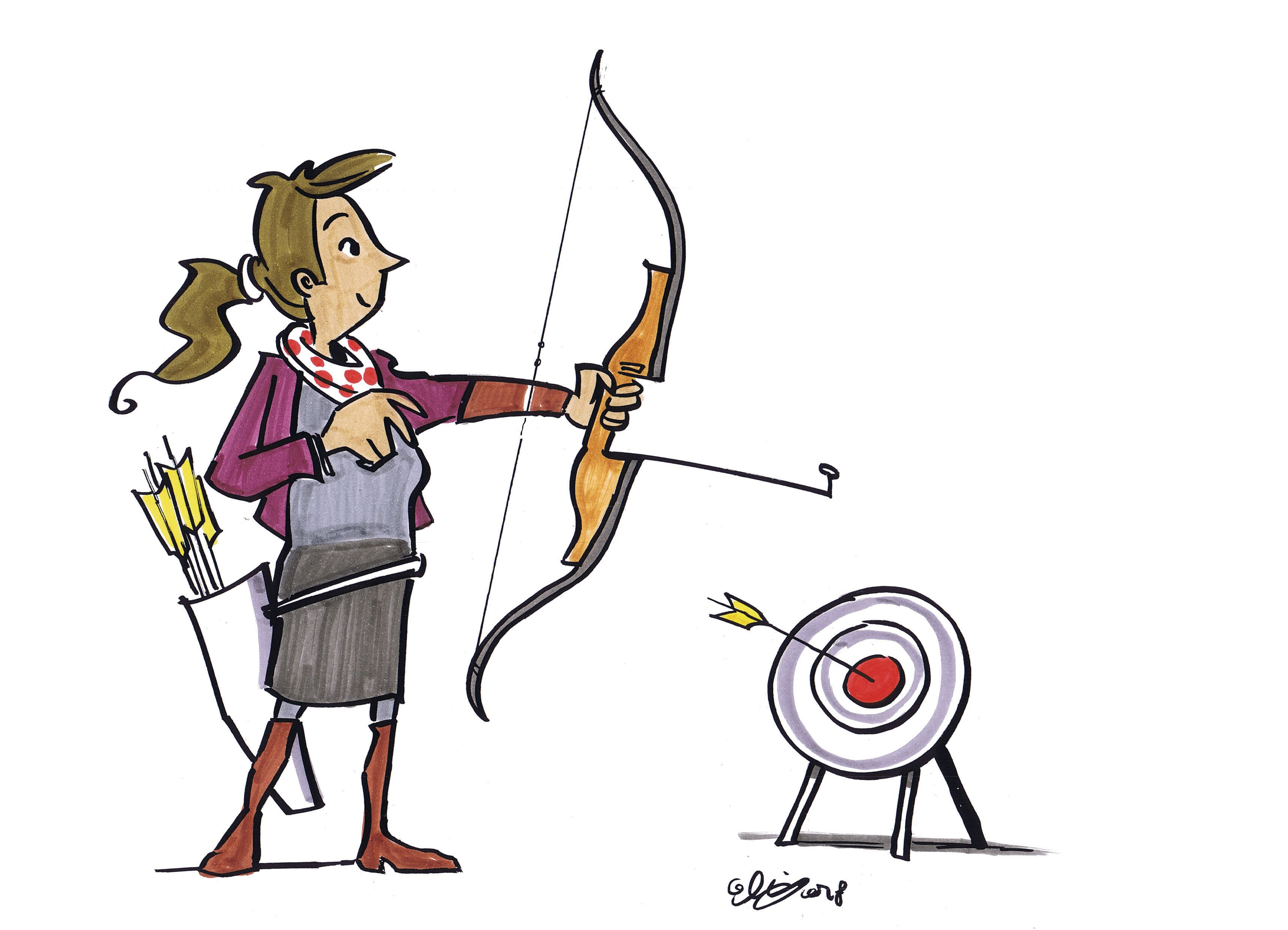 Ilustration: Frau schießt mit Pfeil und Bogen auf eine Zielscheibe.