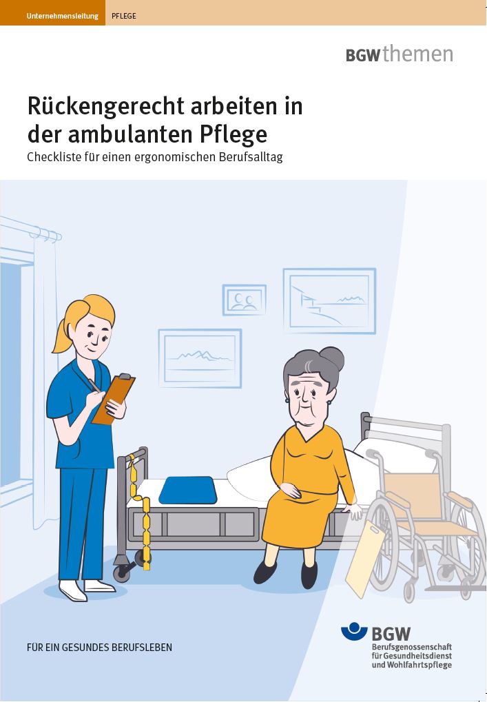 Titelbild Rückengerecht arbeiten in der ambulanten Pflege, Illustration: Eine alte Dame sitzt auf Pflegebett in ihrer Wohnung. Vor dem Bett eine Pflegekraft mit einer Checkliste in der Hand, neben dem Bett ein Rollstuhl mit angelehntem Rutschbrett.