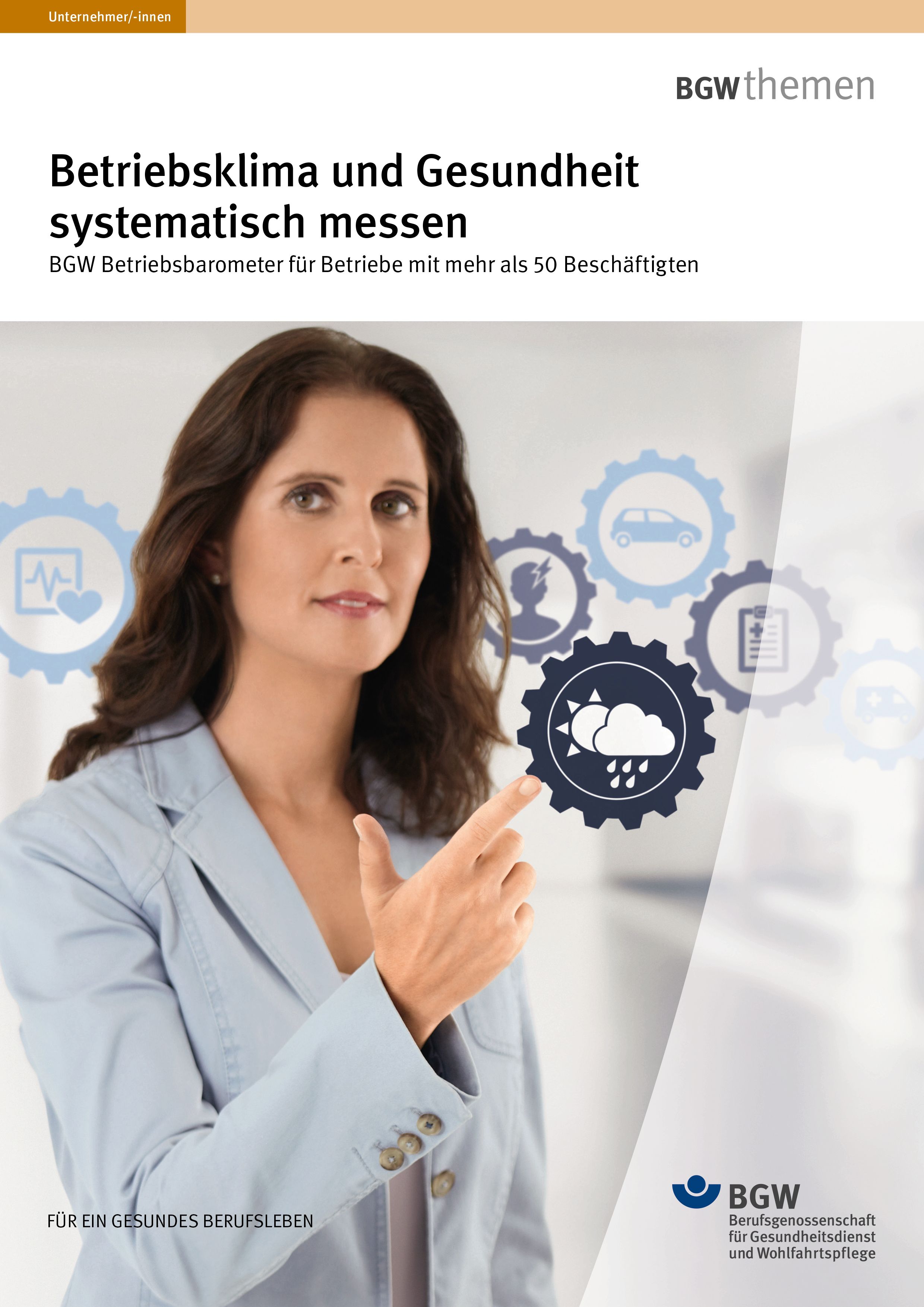 Titel: Betriebsklima und Gesundheit systematisch messen – Frau zeigt auf Piktogramme (Gesundheit, Wetter, Psyche, Verkehr, Erste Hilfe)
