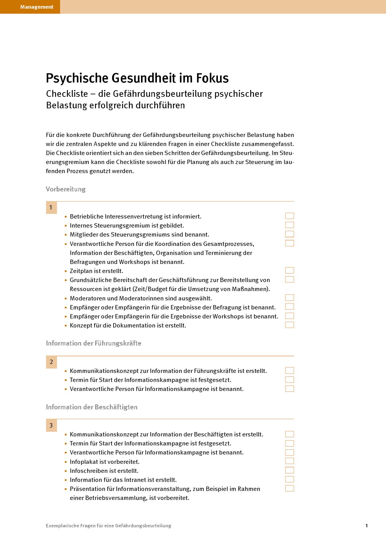 Psychische Gesundheit: Checkliste (Ausschnitt)