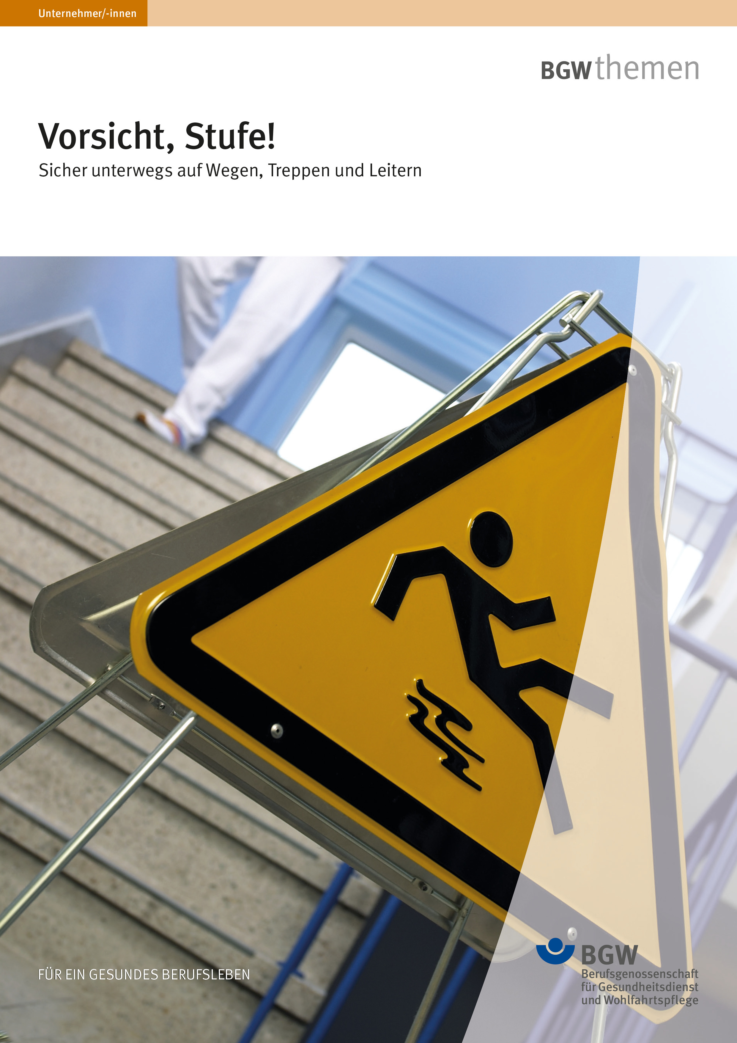 Titelseite der Broschüre "Vorsicht, Stufe!": eIn Warnschild "Achtung, Rutschgefahr" am Fuß einer steinernen Treppe in einem Treppenhaus. 