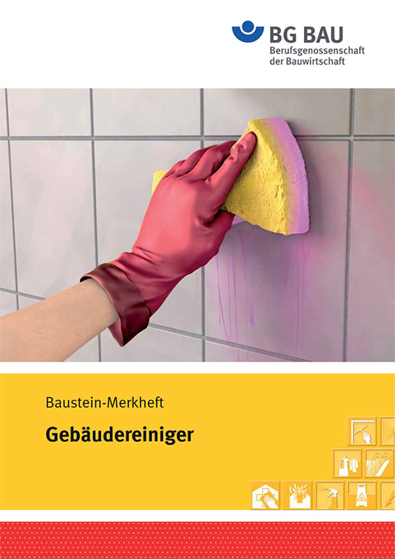 Titel: Baustein Merkheft, Gebäudereiniger - Hand mit Handschuh reinigt Kachelwand mit einem Schwamm