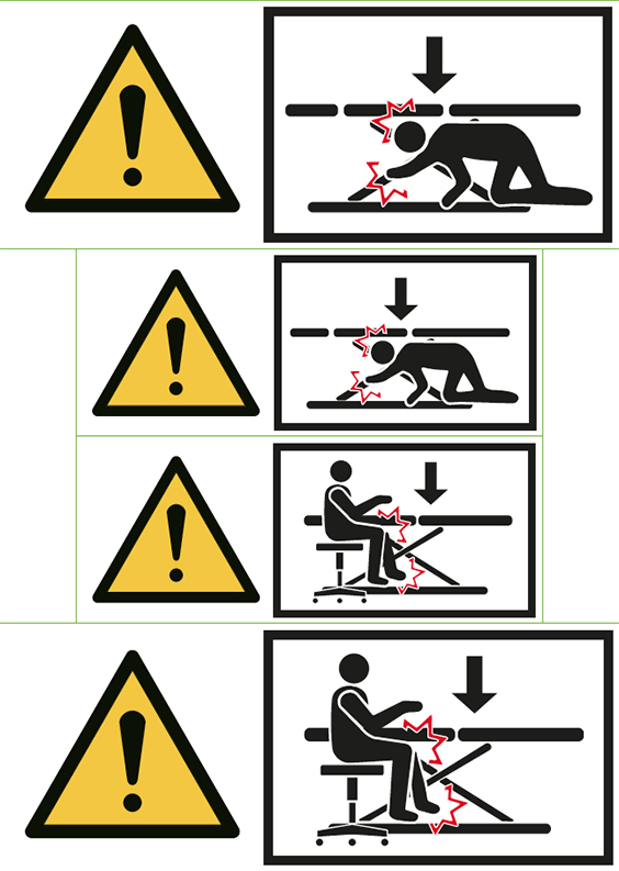 Viermal Ausrufezeichen in gelbem Dreieck und daneben Piktogramme von Gefährdungssituationenen an Therapieliegen. Jeweils zwei davon zeigen in unterschiedlichen Größen dieselbe Situation. Motiv 1: Therapieliege und Person, die darunter krabbelt und sich einklemmen oder einquetschen kann. Motiv 2: Therapieliege und daneben sitzende Person, die sich am Bein unter der Therapieliege einklemmen oder einquetschen kann.