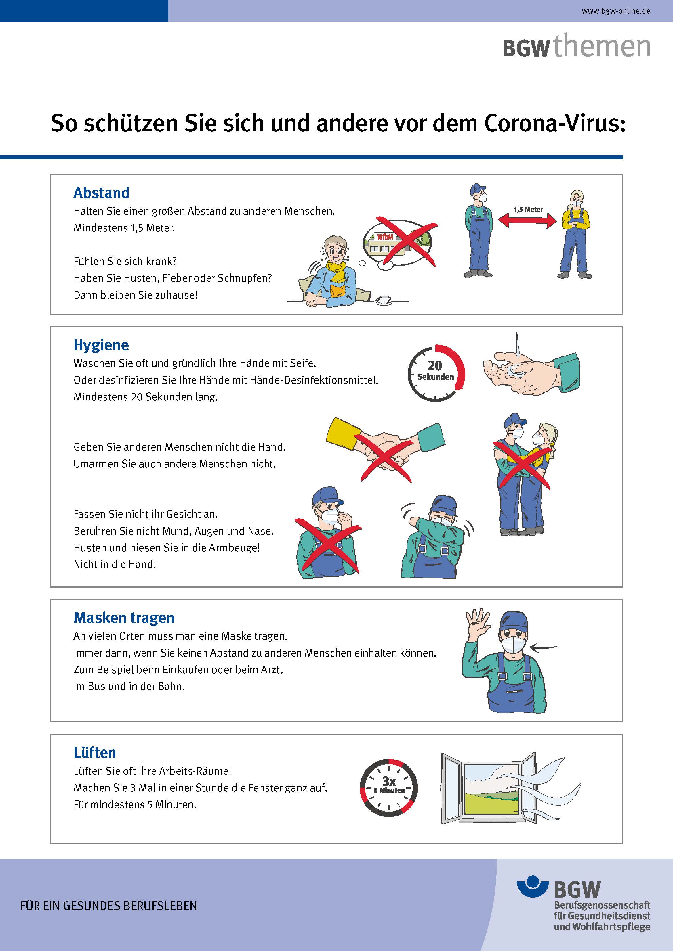 Illustrationen zu den Themen Abstand, Hygiene, Masken tragen, Lüften