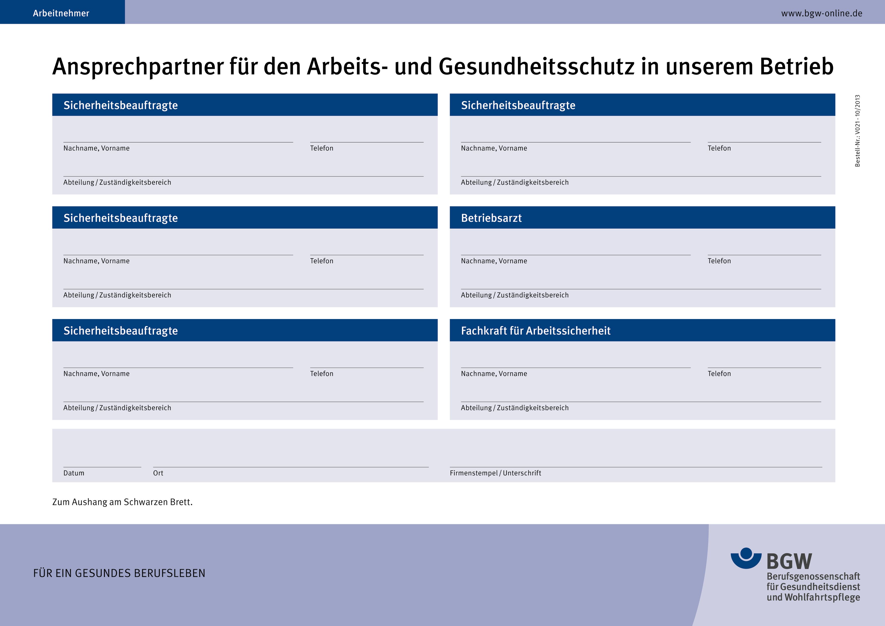 Aushang Ansprechpersonen für den Arbeits- und Gesundheitsschutz in unserem Betrieb - Formular zum Ausfüllen