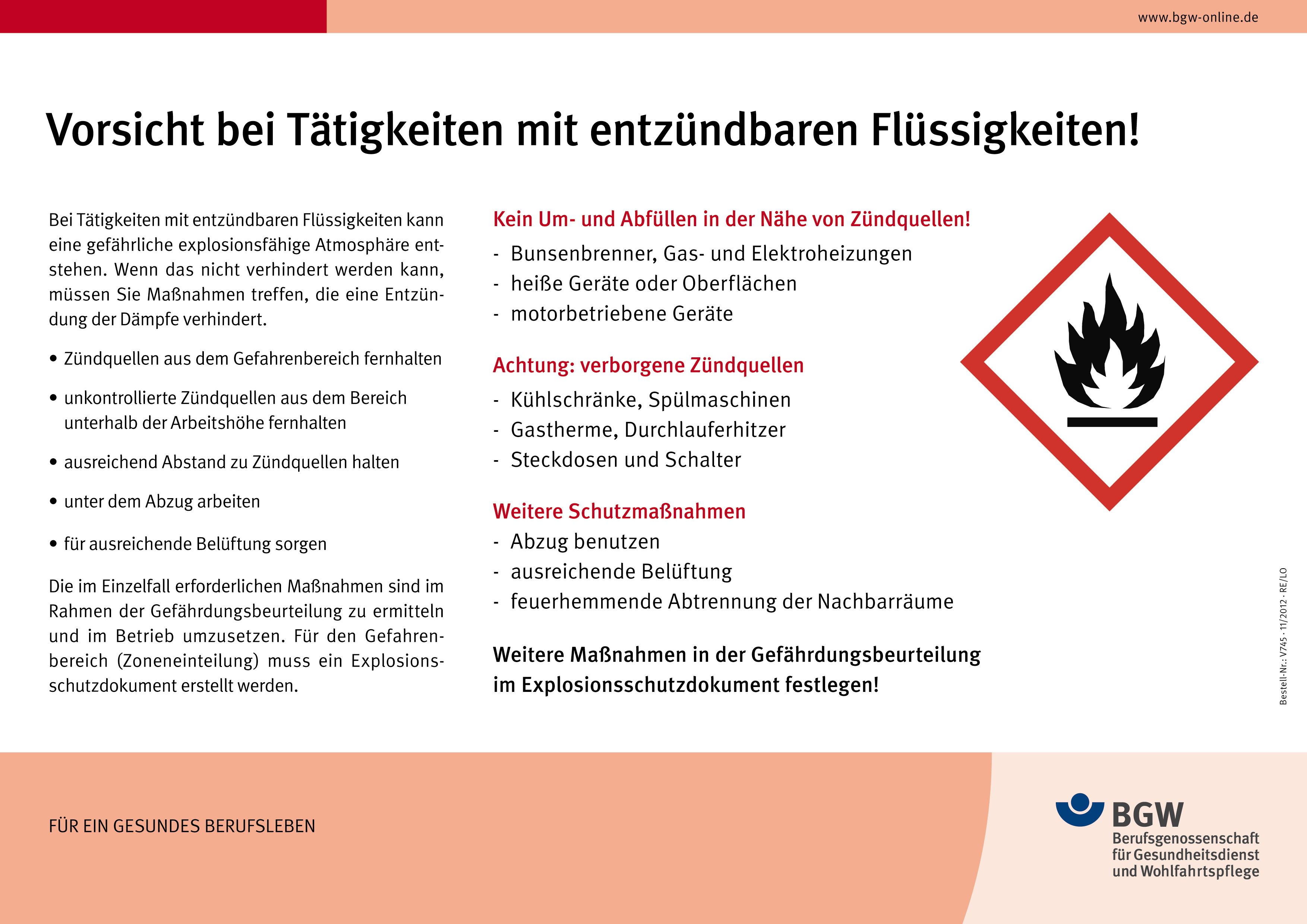 Plakat: Tätigkeiten mit entzündbaren Flüssigkeiten - Infotext mit Gefahrstoffsymbol (brennbar)