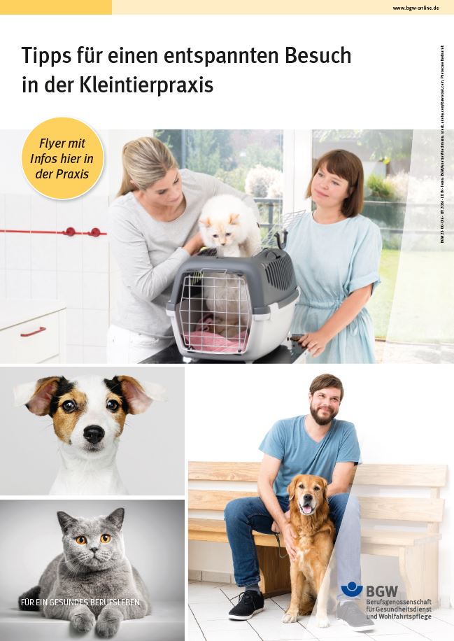 Plakat: Tipps für einen entspannten Tierarztbesuch - Illustration: Tierärztin mit Hund und Katze, an der Wand hängt ein Bild mit einer Maus