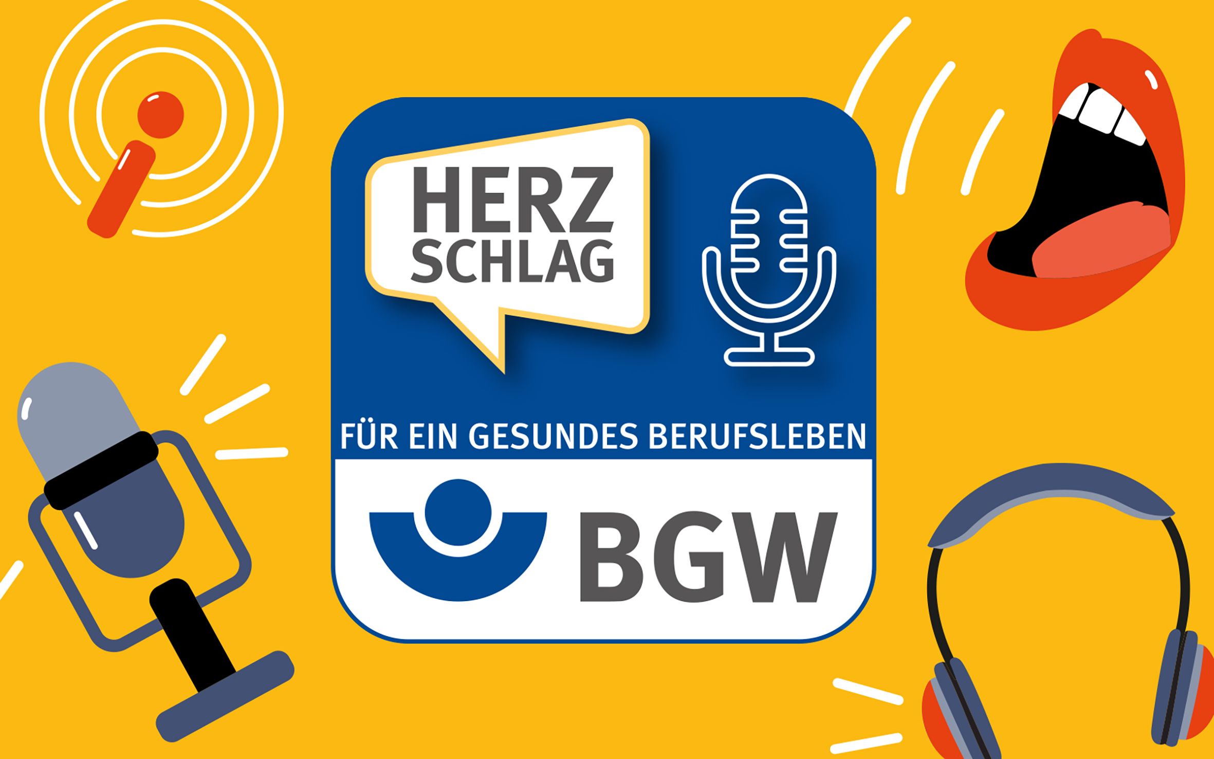 Grafische Symbole Kopfhörer, Mund, Mikrofon schweben auf gelbem Hintergrund, daneben das blaue Logo "Herzschlag - für ein gesundes Berufsleben"