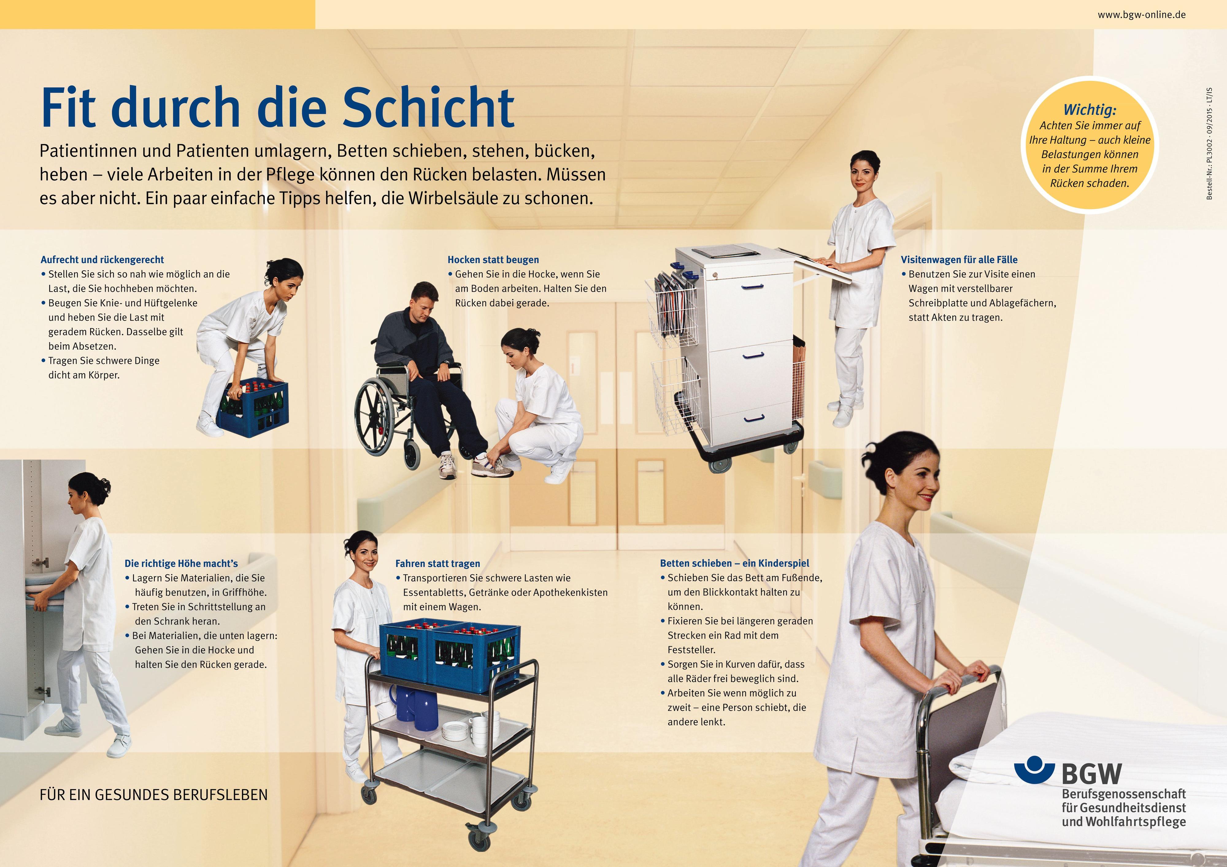 Themenplakat: Fit durch die Schicht - Pflegerin hebt eine Getränkekisten, bindet einem Patienten den Schuh, schiebt einen Dokumentationswagen, räumt Wäsche in den Schrank, schiebt einen Servierwagen und ein Krankenbett.