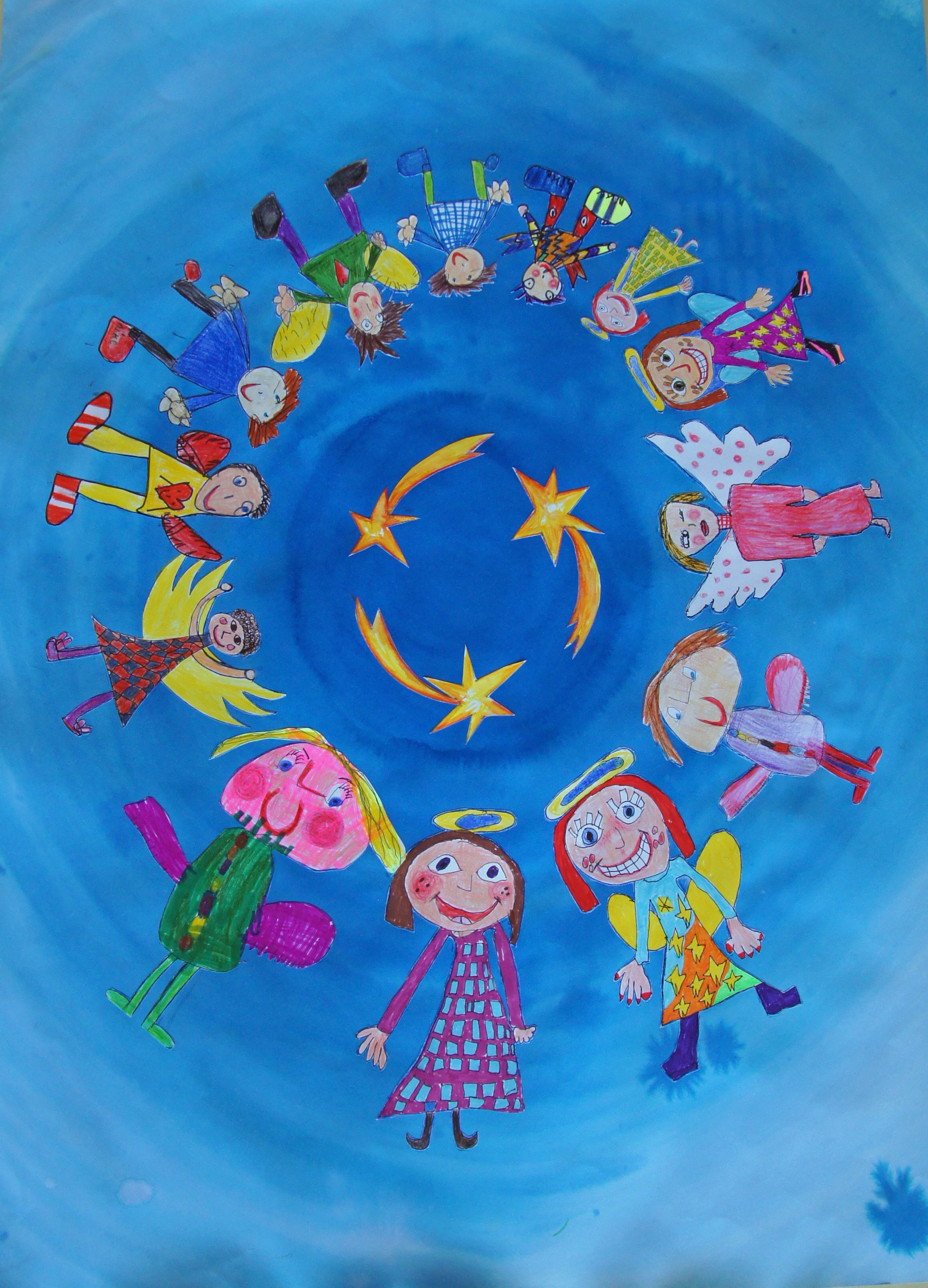 Das Gemälde zeigt zwölf bunte Engel, die im Kreis fliegen.