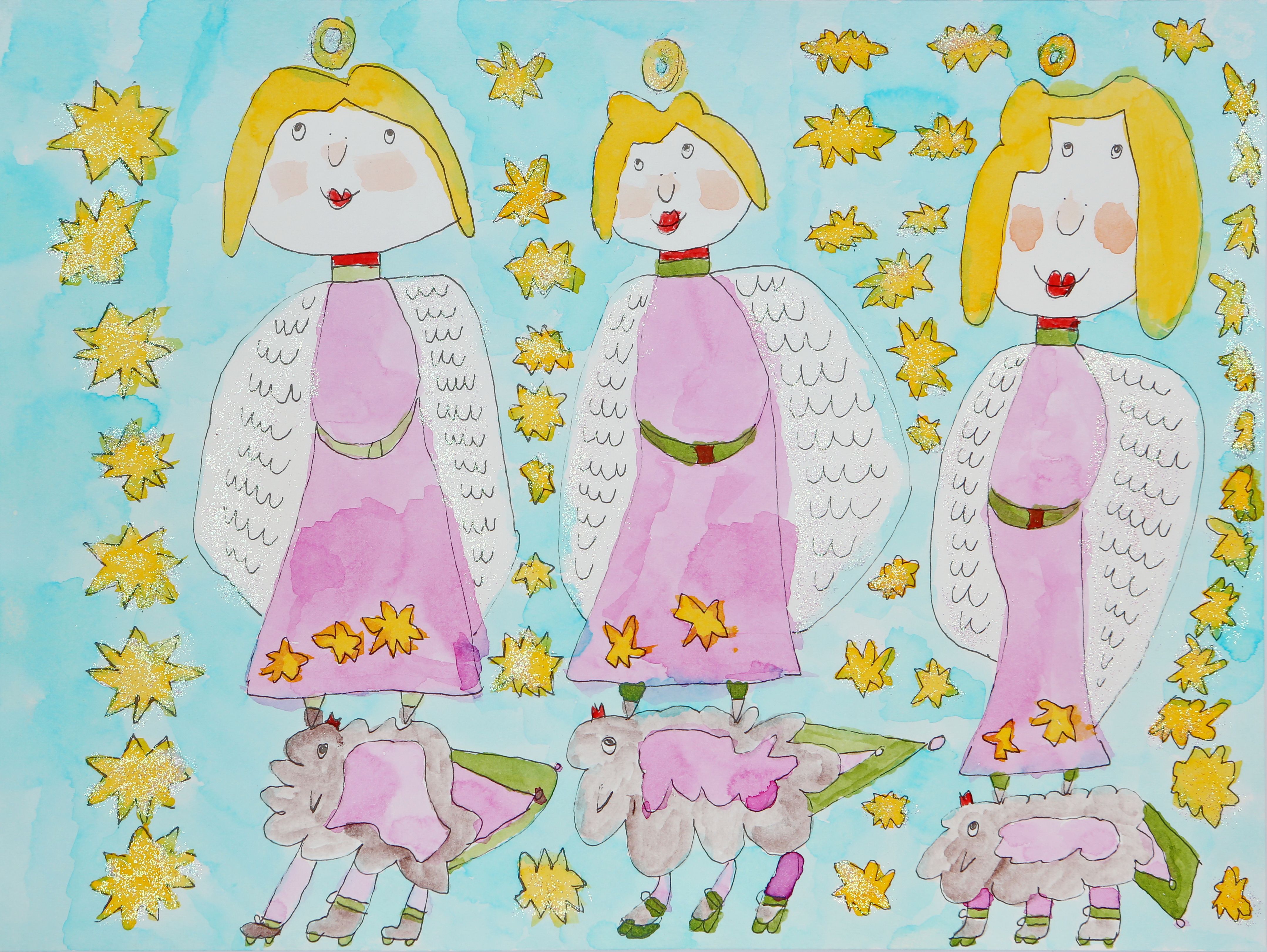 Die Tuschezeichnung zeigt drei Engel auf Schafen stehend und umgeben von Sternen.