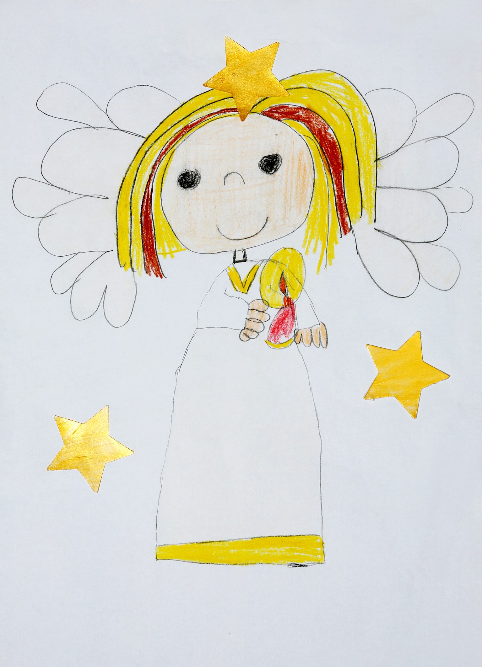 Zeichung: Engel trägt eine brennende Kerze - drumherum leuchte drei Sterne