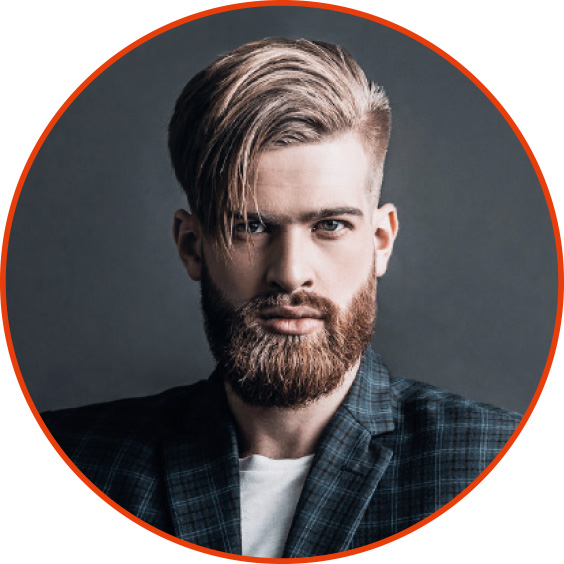 Titel: Cut & Colour Man - Porträt eines Mannes mit Bart und asymetrischem Haarschnitt