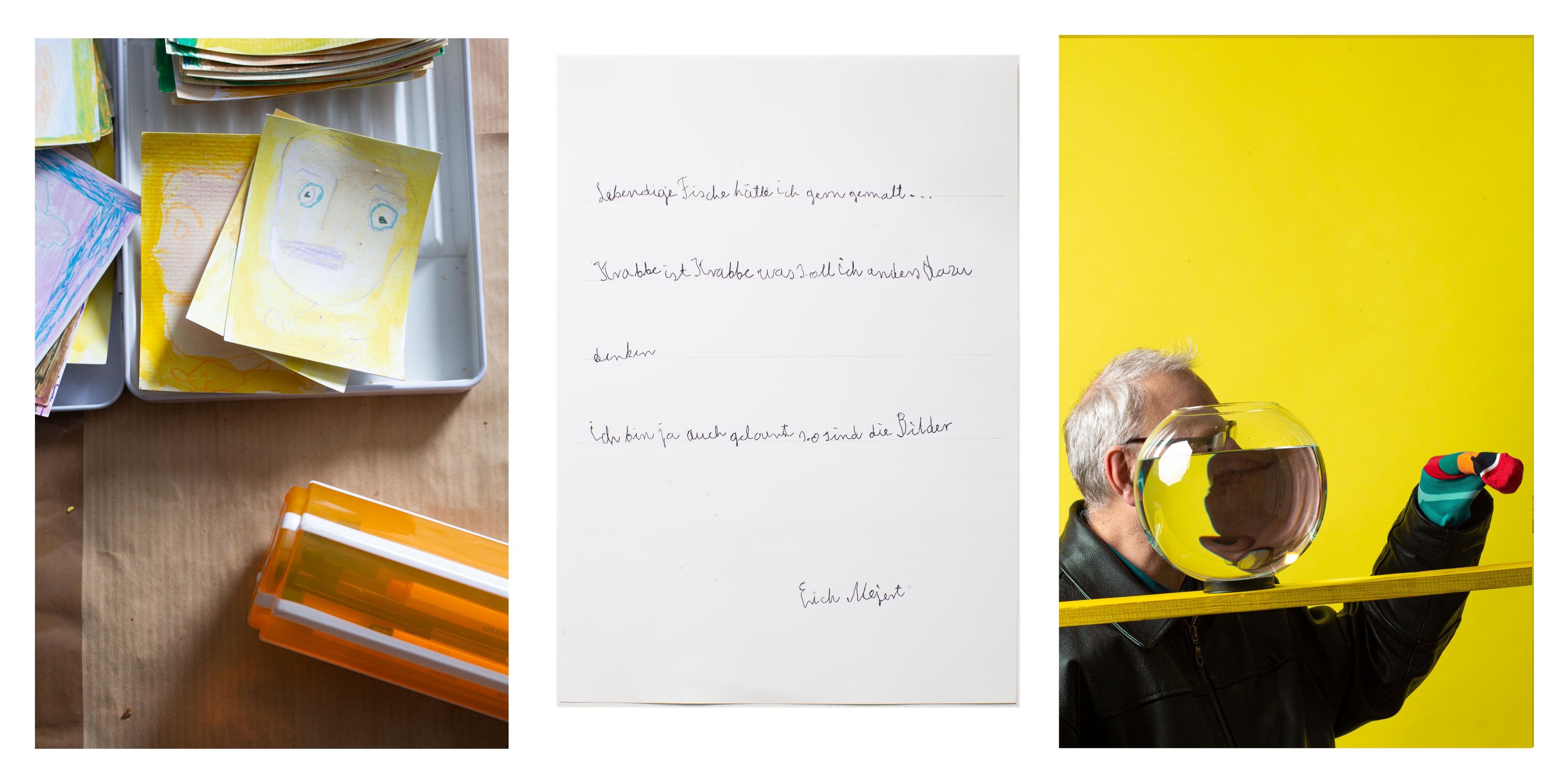 Collage aus drei Fotos: In Schachteln liegen Blätter mit gezeichneten Gesichtern - davor liegt eine Box mit Stiften; ein kurzer Brief und ein Mann hinter einem runden Glas vor einer gelben Wand. Er streckt dir linke Hand vor - darüber trägt er einen bunte Socke.