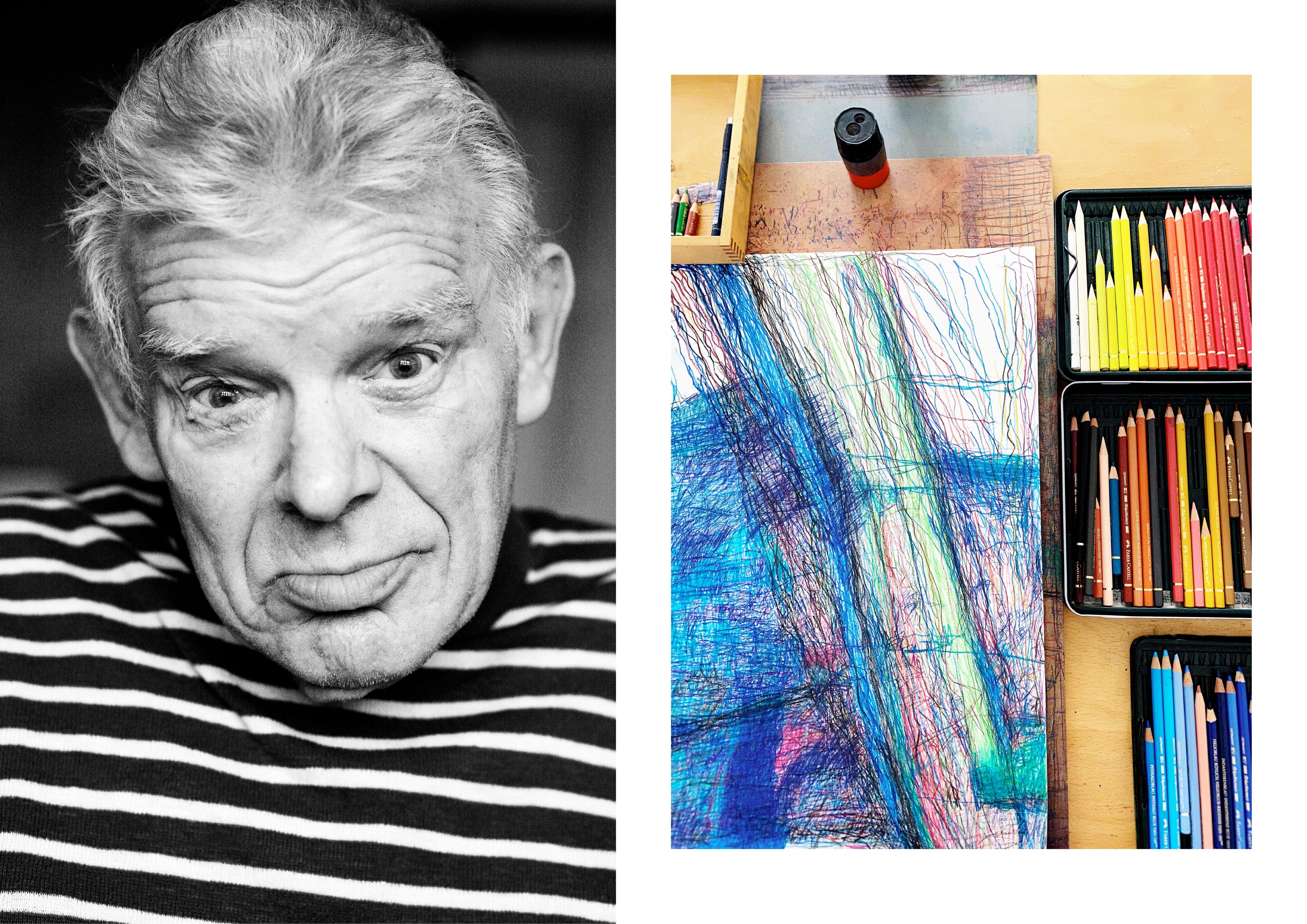 Collage aus zwei Bildern: Links: Porträt eines älteren Mannes. Rechts: Auf einem Tisch liegen Malutensilien.