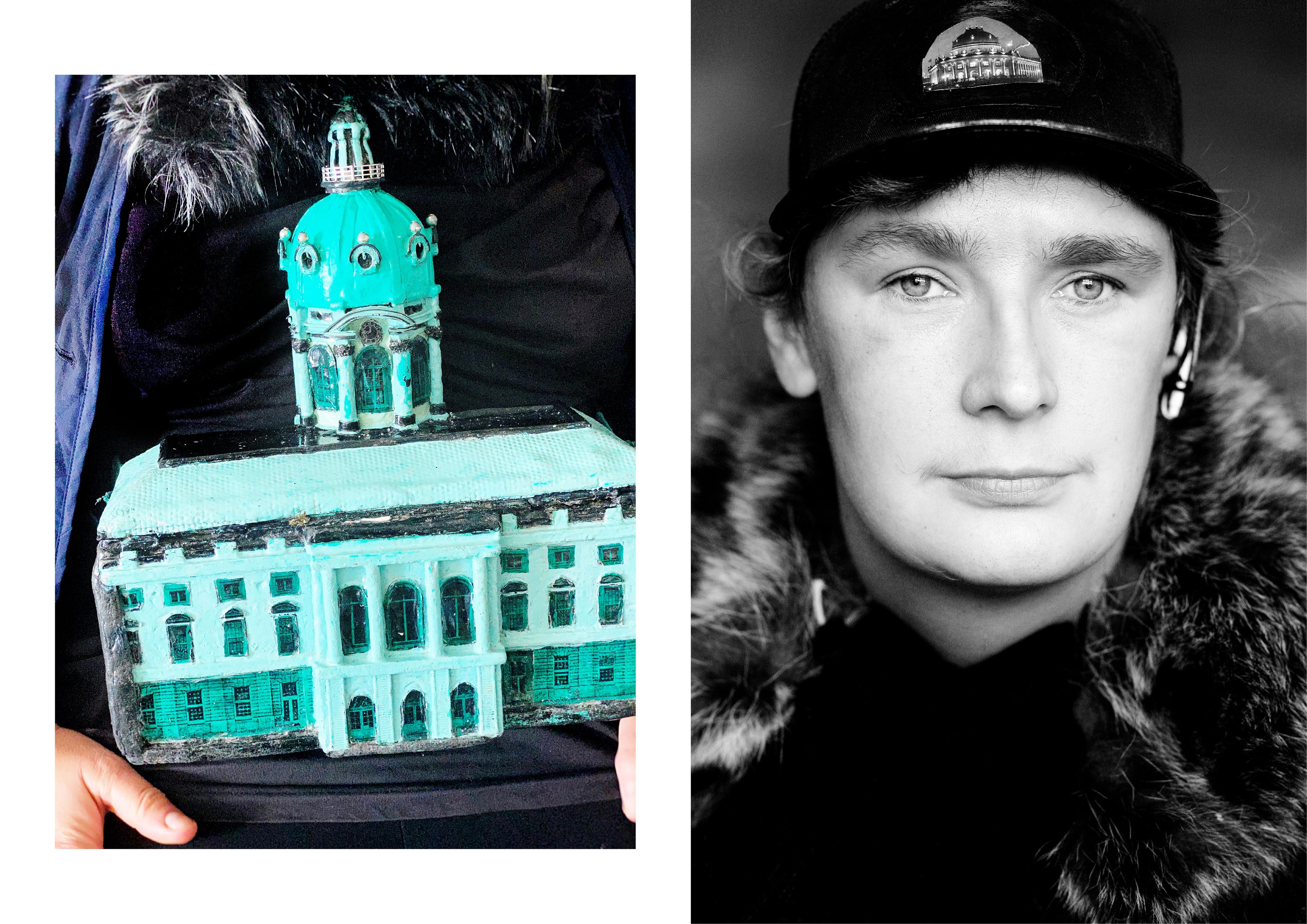 Collage aus zwei Bildern: Links: Modell eines Schlosses. Rechts: Porträt einer Frau mit Mütze.