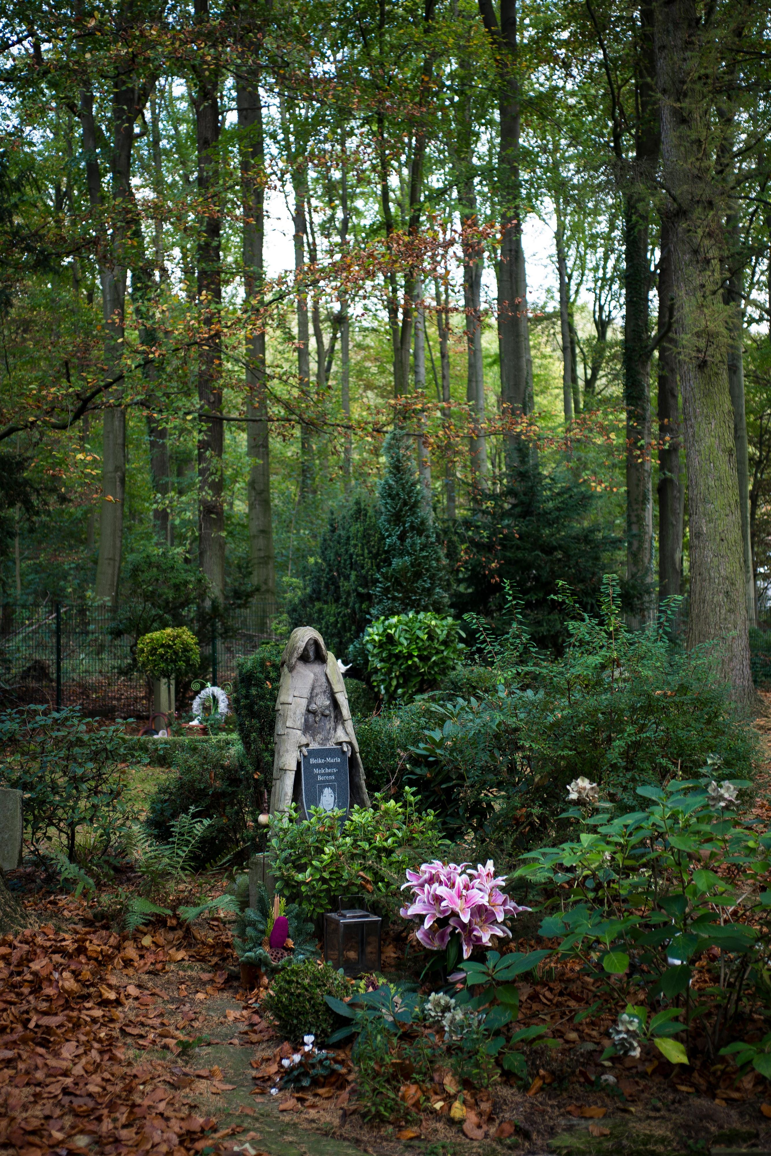 Ein Grabstein auf einem Waldfriedhof.