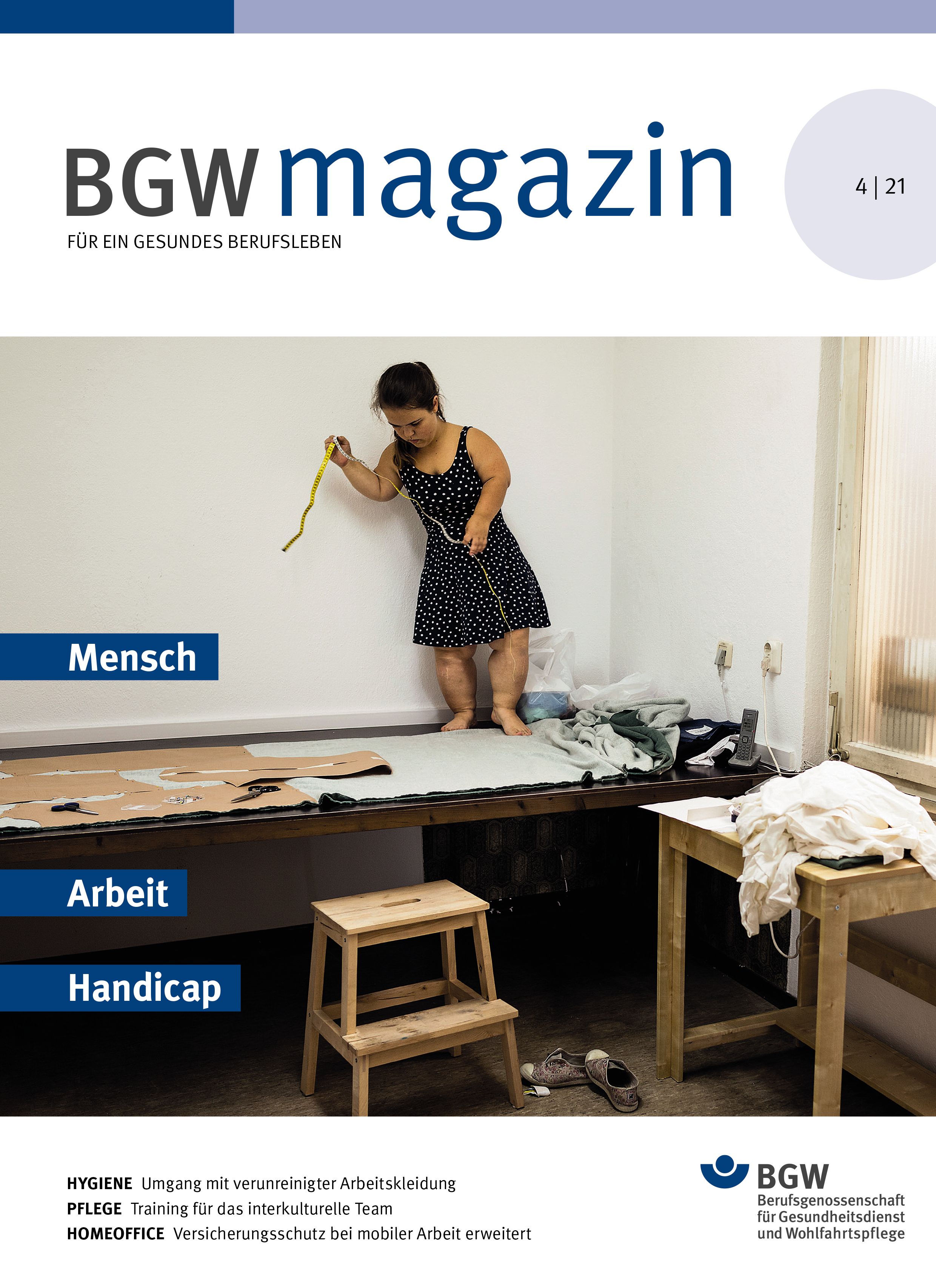 Titelseite des BGW magazins, Ausgabe 4/2021, mit dem Titelthema "Mensch - Arbeit - Handicap"
