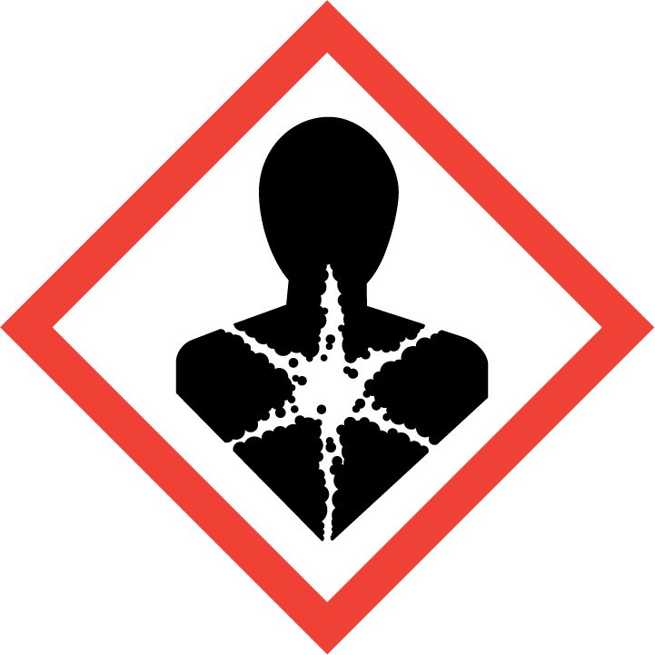 Menschliche Silhouette mit Strahlenstern: Gefahrstoffkennzeichnung für gesundheitsschädliche Stoffe: z.B. Krebserzeugend, augenschädigend, atemwegssensibilisierend