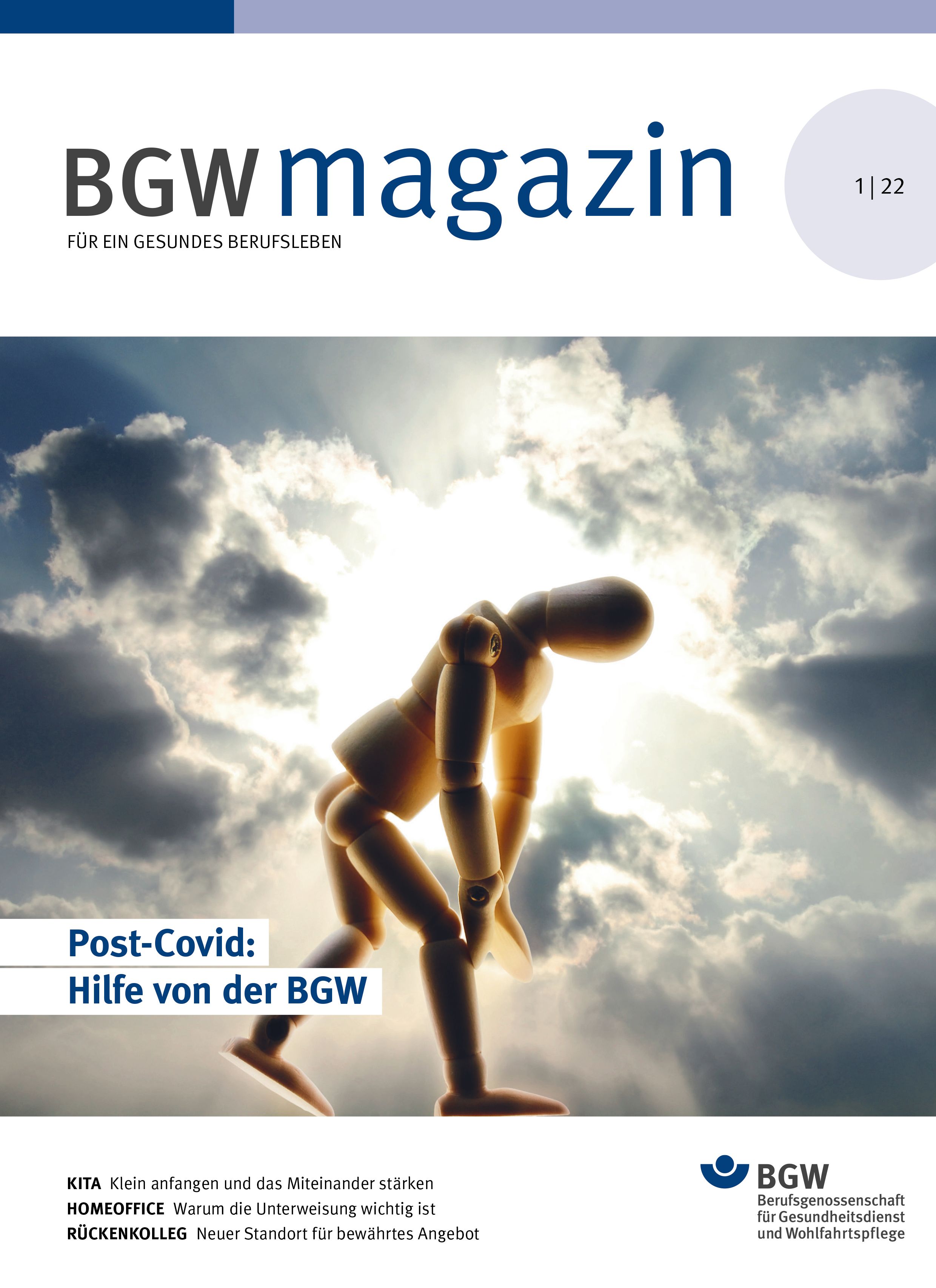 Titelseite BGW magazin, Ausgabe 1/2022 mit dem Titelthema "Post-Covid: Hilfe von der BGW"