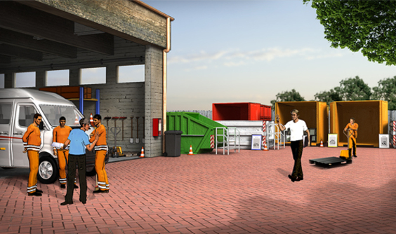 Werkstattgelände mit Gebäude, Containern und einem Transportfahrzeug - eine Gruppe von Personen steht vor dem Gebäude, zwei Personen laufen über das Gelände.