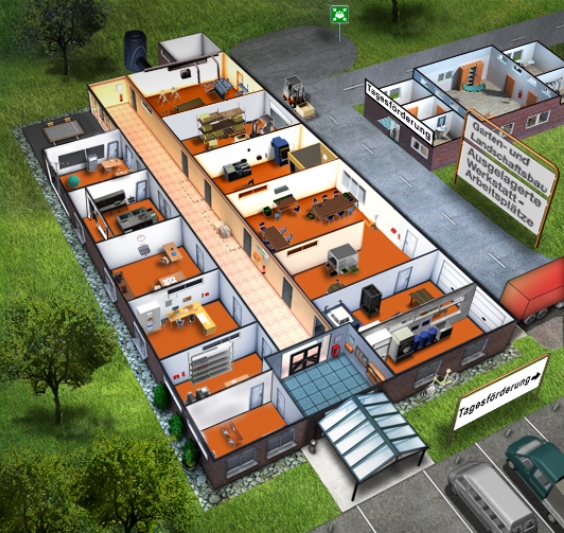 Grafik einer sicheren Werkstatt: Gelände mit Zufahrt und Schildern. Zwei Gebäude. Die Räume sind von oben einsehbar und enthalten zum Beispiel Werkzeuge, Maschinen und Geräte.