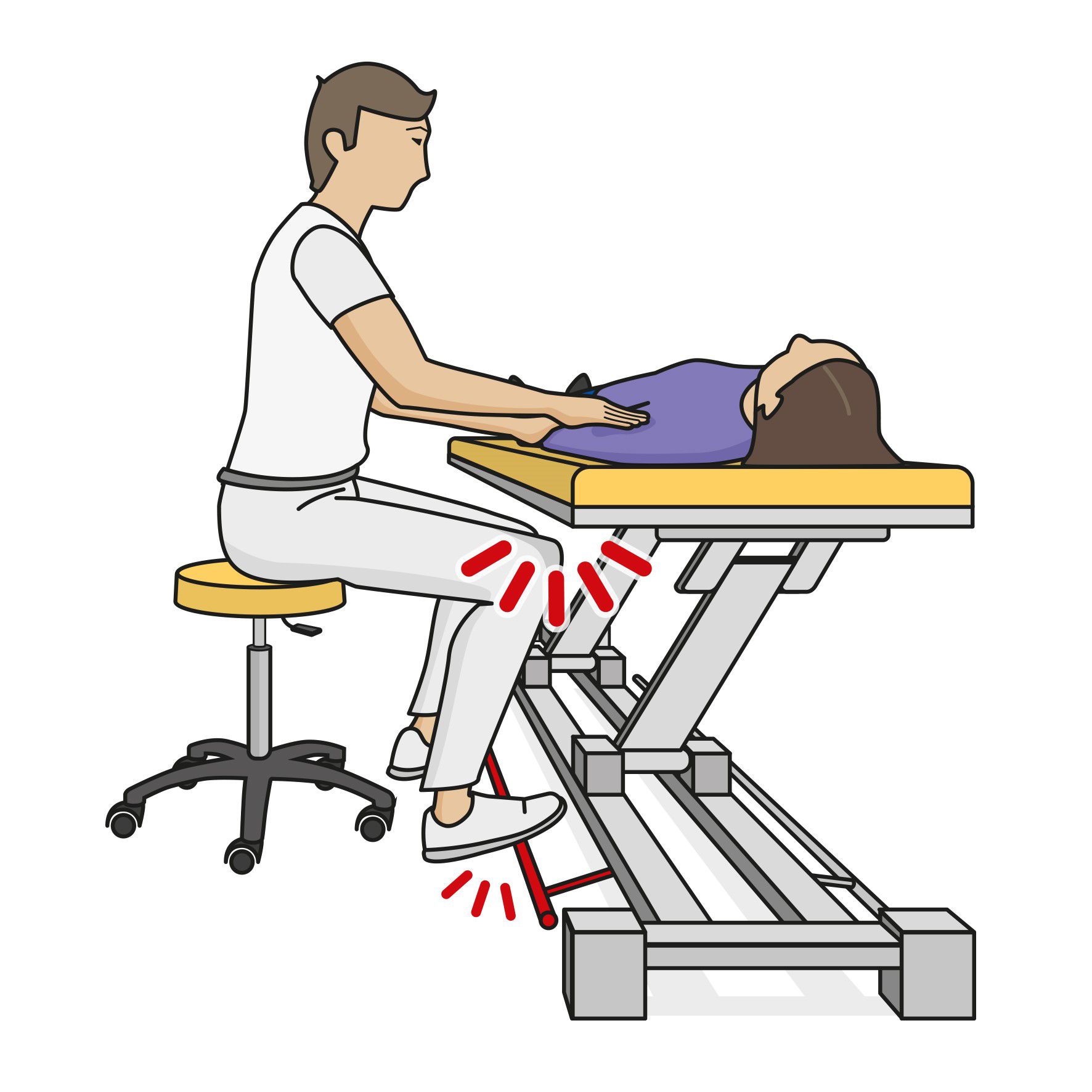 Illustration: Person, die neben einer Therapieliege sitzt und diese bedient, quetscht Bein ein