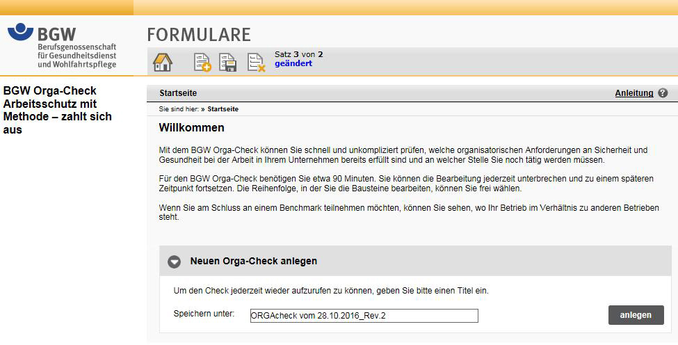 Anleitung BGW Orga-Check: Bildschirmfoto Startseite
