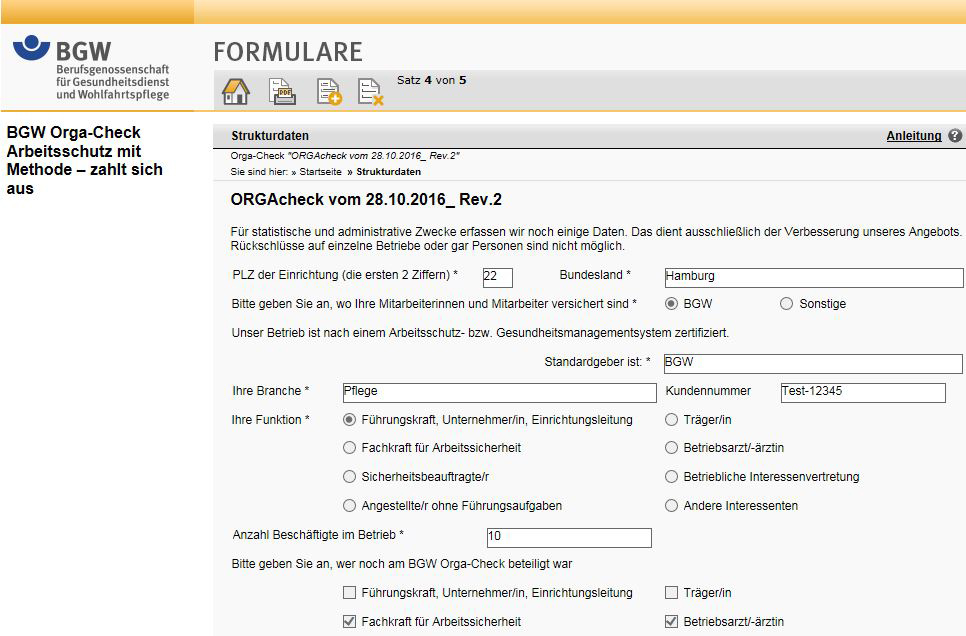 Anleitung BGW Orga-Check: Bildschirmfoto Strukturdatenseite